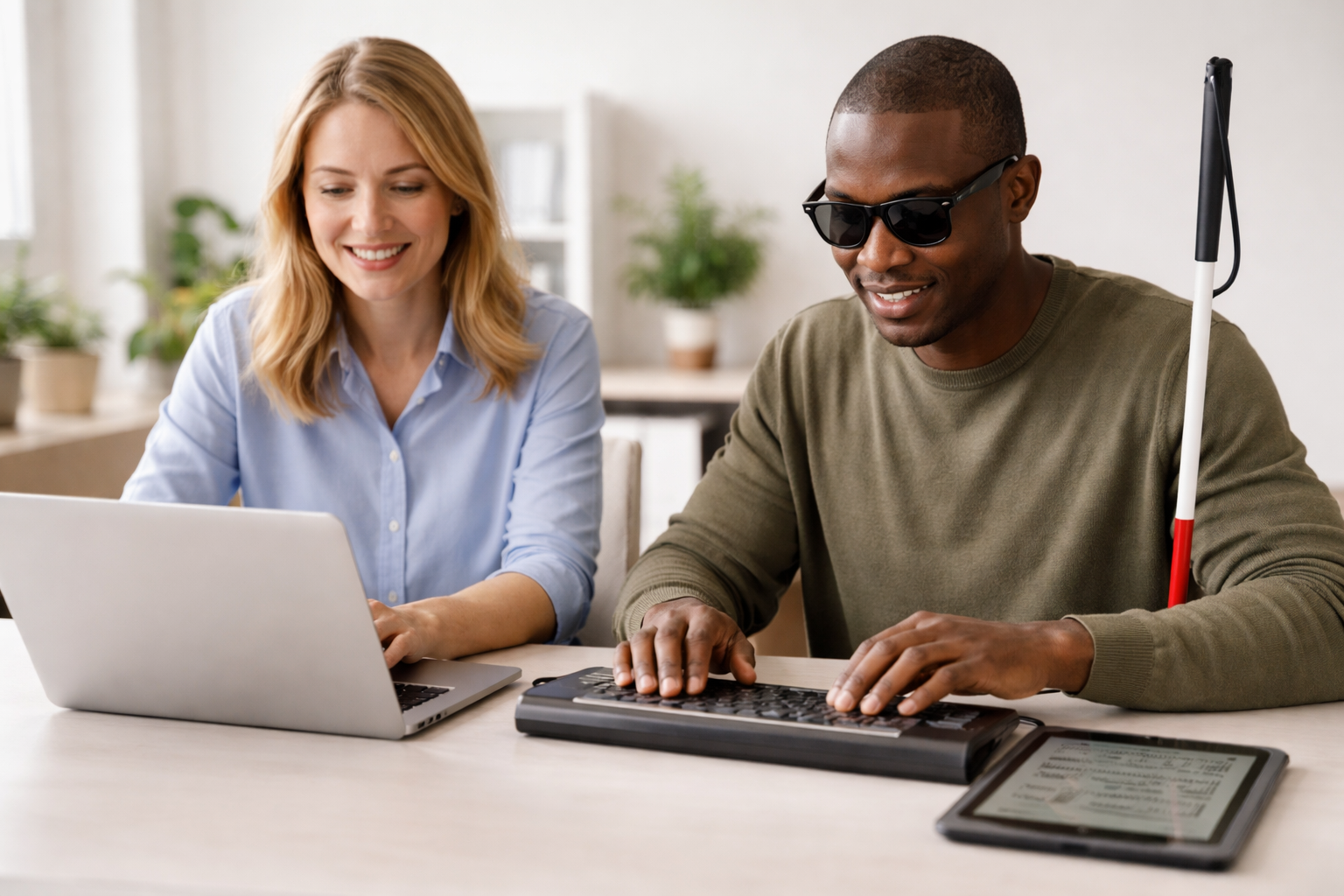 2 personen met laptop waarvan &eacute;&eacute;n visueel beperkt die gebruik maakt van een braille-toetsenbord